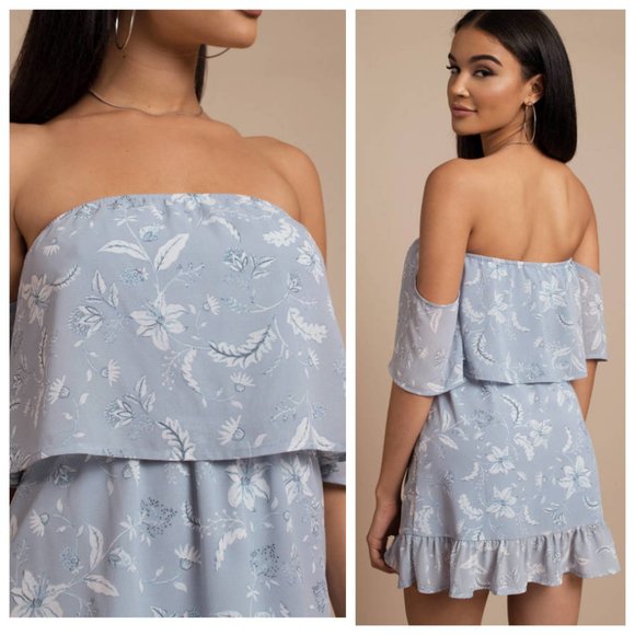 Tobi Light Blue Floral Off Shoulder Ruffle Dress - Picture 2 of 6